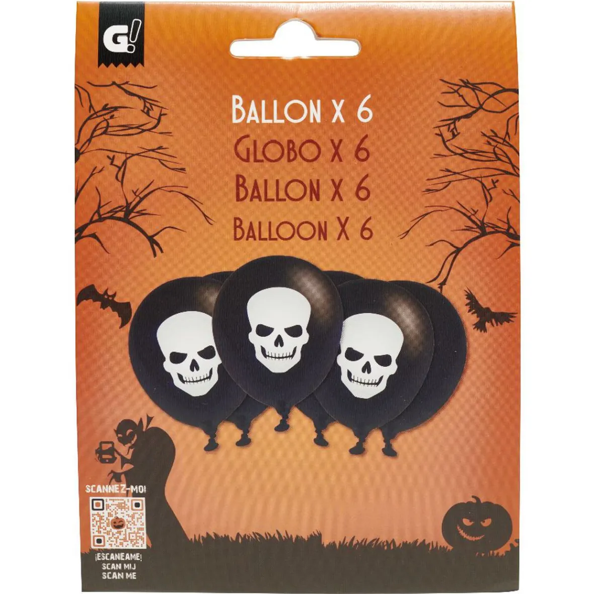 Ballon gonflable latex noir imprimé tête de mort blanc x6-Gifi Outlet