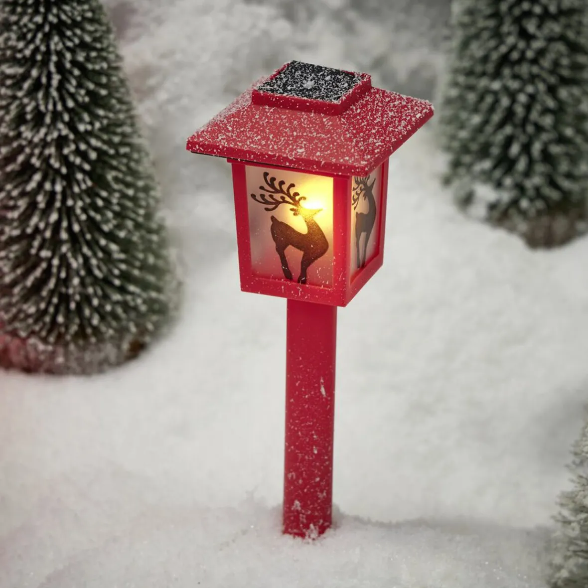 Borne solaire lanterne rouge vintage 10LED blanc chaud effet flamme H37cm-Gifi Outlet