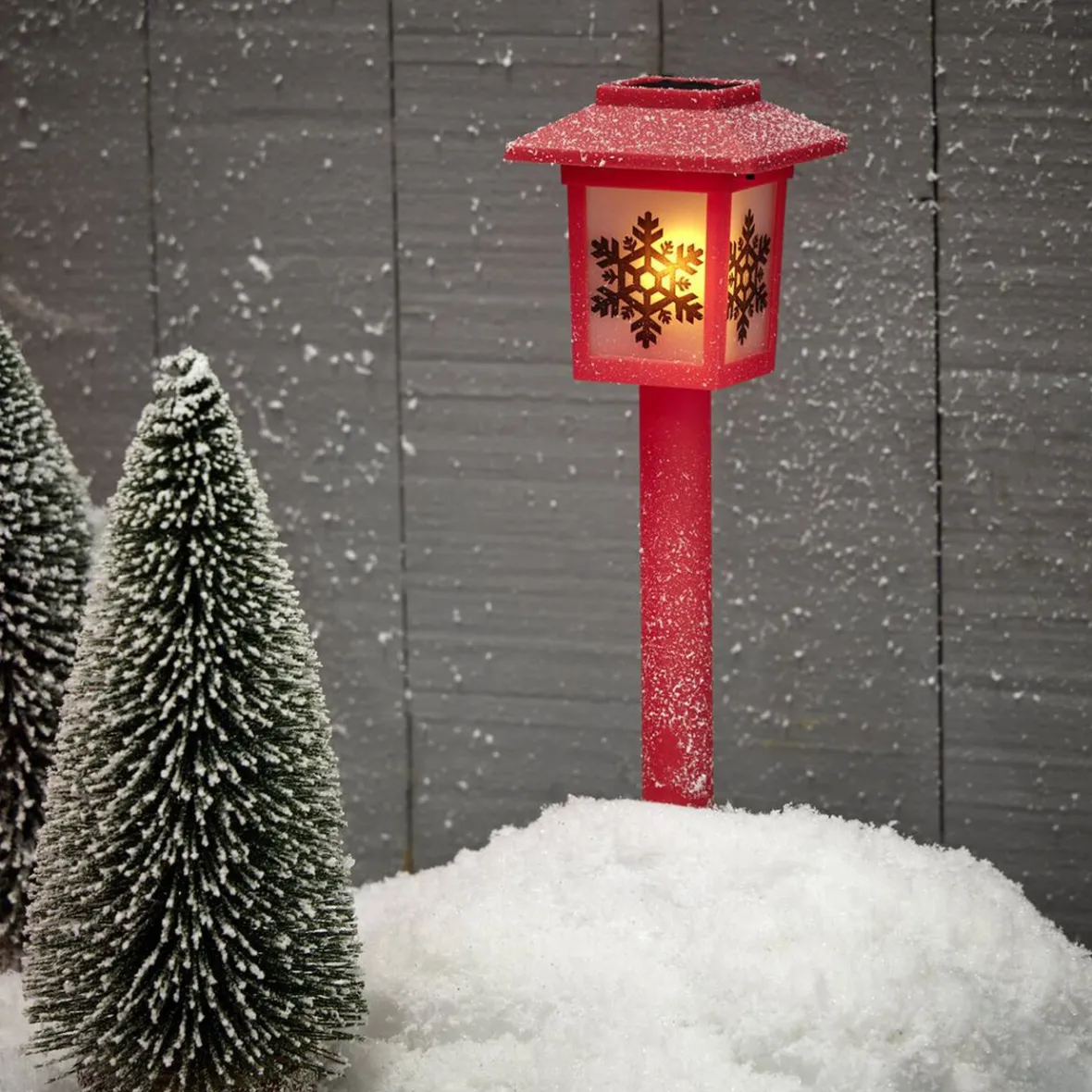 Borne solaire lanterne rouge vintage 10LED blanc chaud effet flamme H37cm-Gifi Outlet