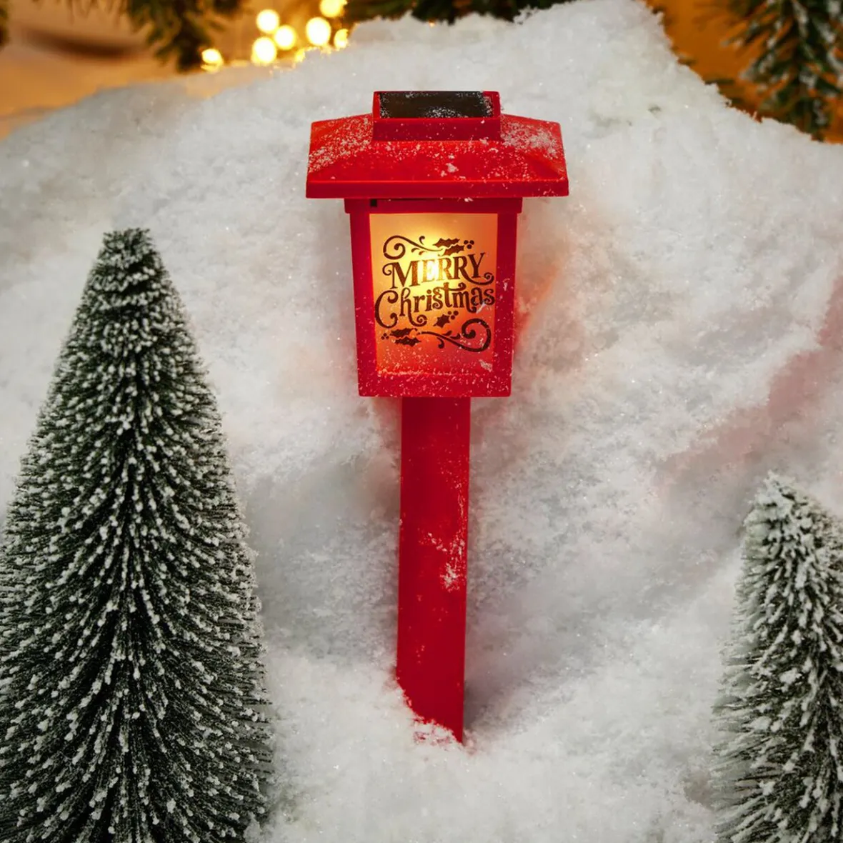 Borne solaire lanterne rouge vintage 10LED blanc chaud effet flamme H37cm-Gifi Outlet