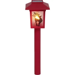 Borne solaire lanterne rouge vintage 10LED blanc chaud effet flamme H37cm-Gifi Outlet