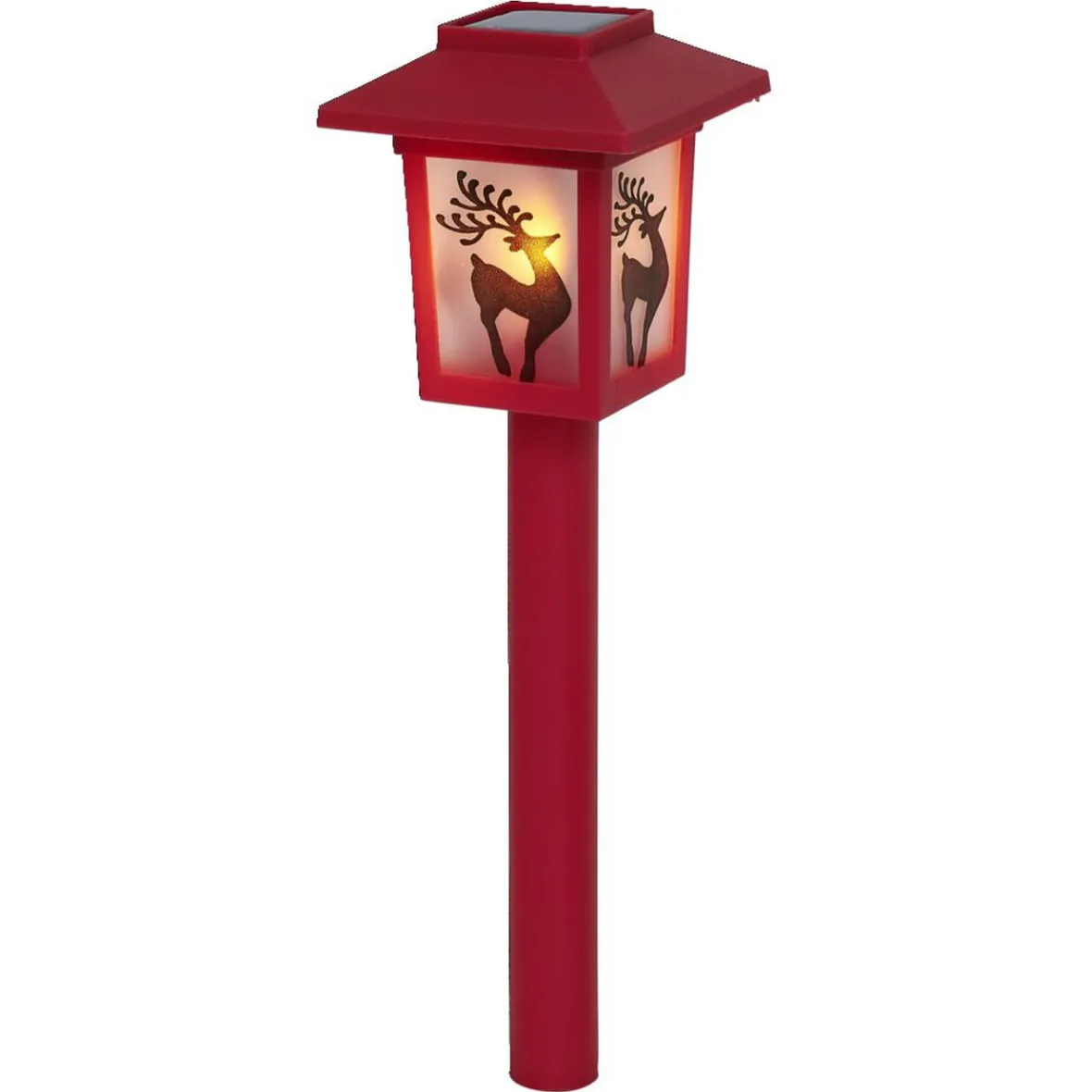 Borne solaire lanterne rouge vintage 10LED blanc chaud effet flamme H37cm-Gifi Outlet