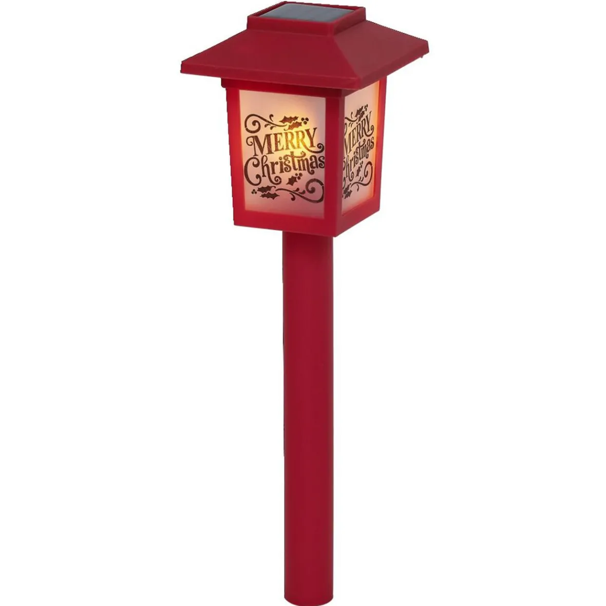 Borne solaire lanterne rouge vintage 10LED blanc chaud effet flamme H37cm-Gifi Outlet