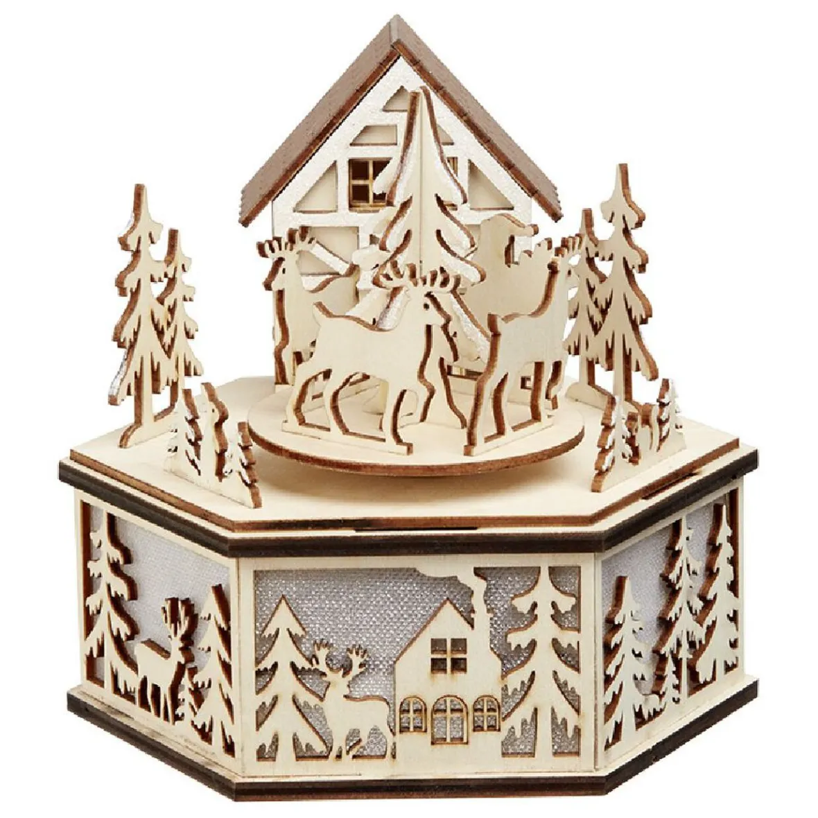 Boîte à musique village de Noël en bois H15cm-Gifi