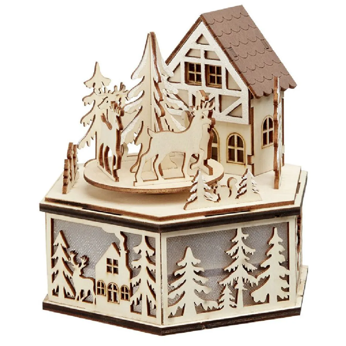 Boîte à musique village de Noël en bois H15cm-Gifi