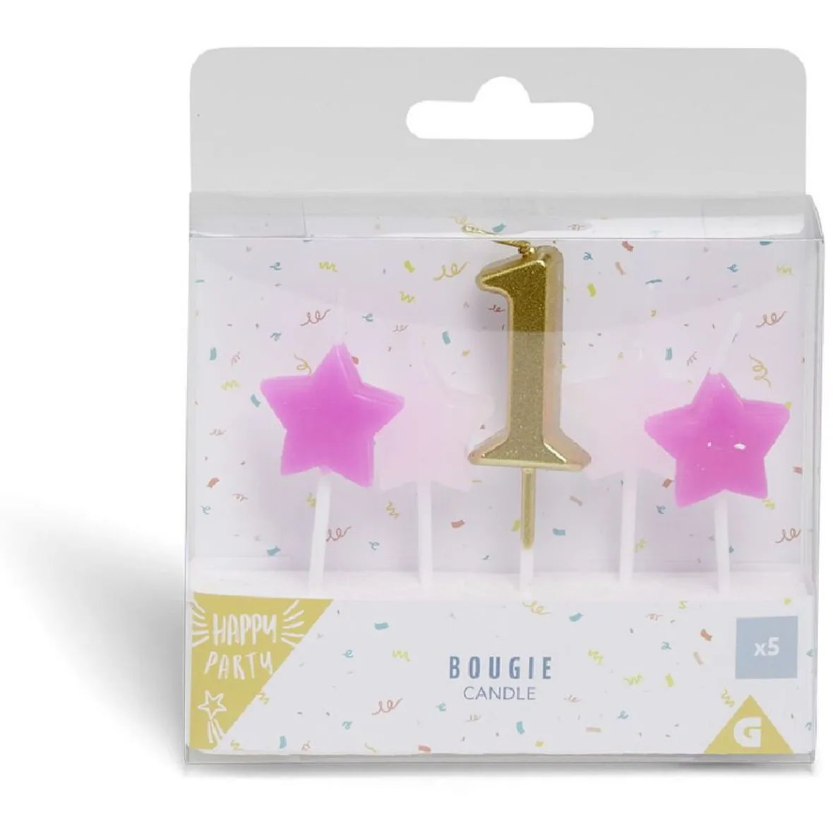 Bougie anniversaire chiffre 1 doré avec bougies étoiles roses-Gifi Outlet