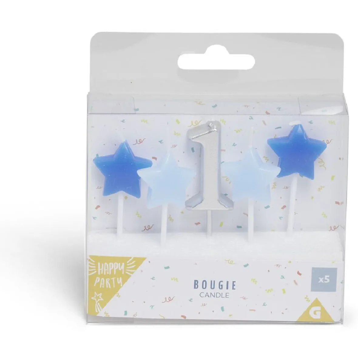 Bougie anniversaire chiffre 1 argenté avec bougies étoiles bleues-Gifi