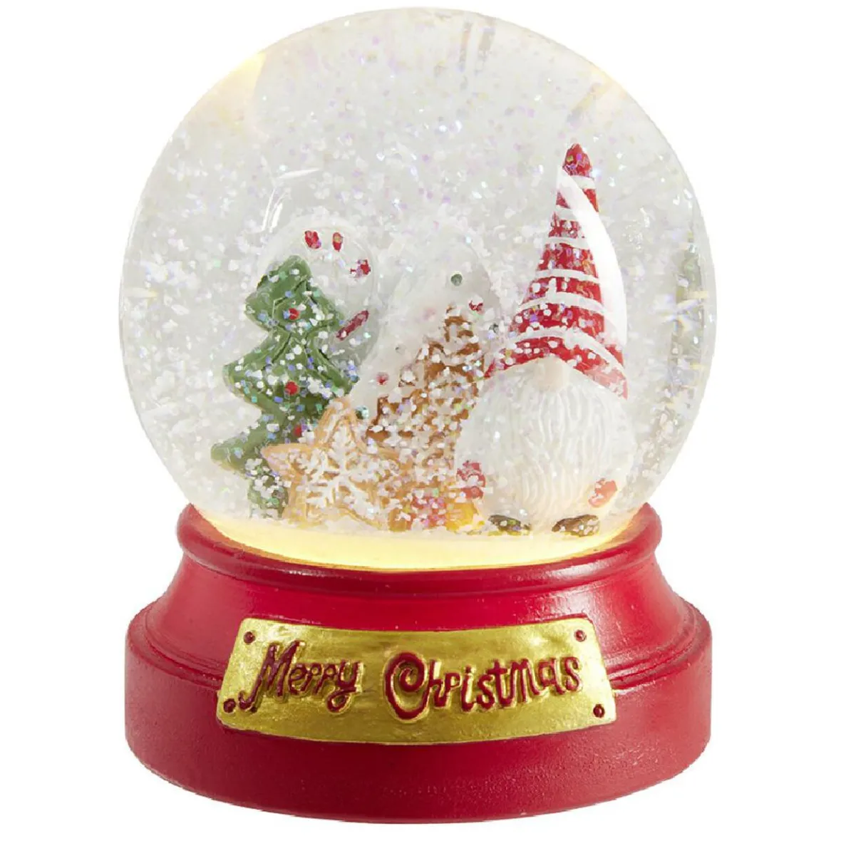 Boule à neige lumineuse Merry Christmas gnome et sapin Ø10xH12cm-Gifi Discount