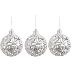 Boule de Noël ajourée motif arabesque pailleté argenté Ø8 cm x3-Gifi Outlet