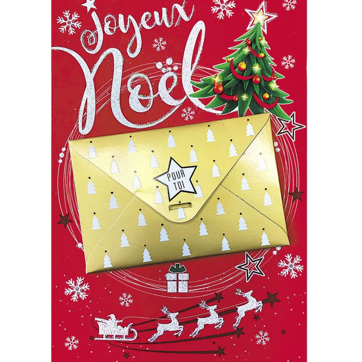 Carte Joyeux Noël porte billet motif traineau sapin rouge et doré-Gifi New