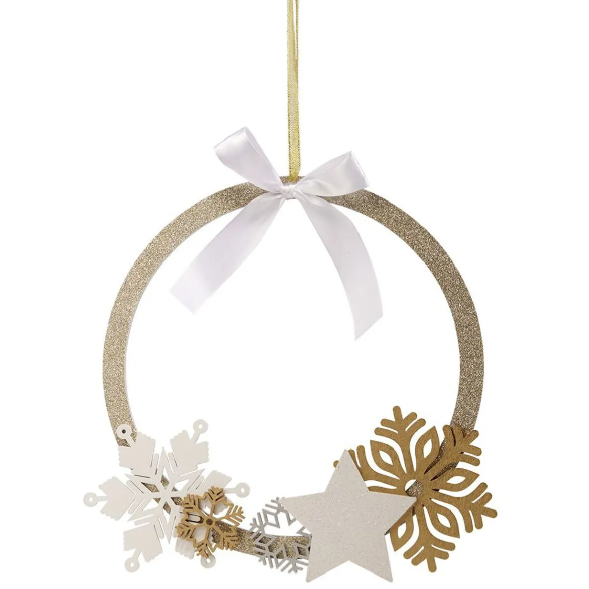 Couronne de Noël en bois étoile flocon pailleté doré et blanc Ø28cm-Gifi New
