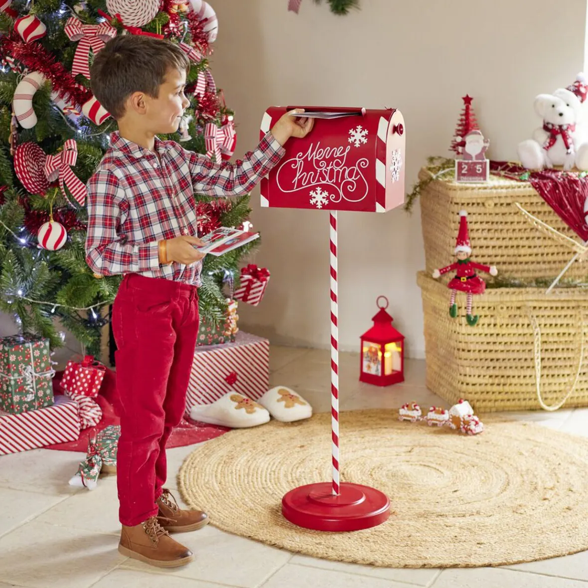 Décoration boîte aux lettres de Noël rouge et blanche H100cm-Gifi