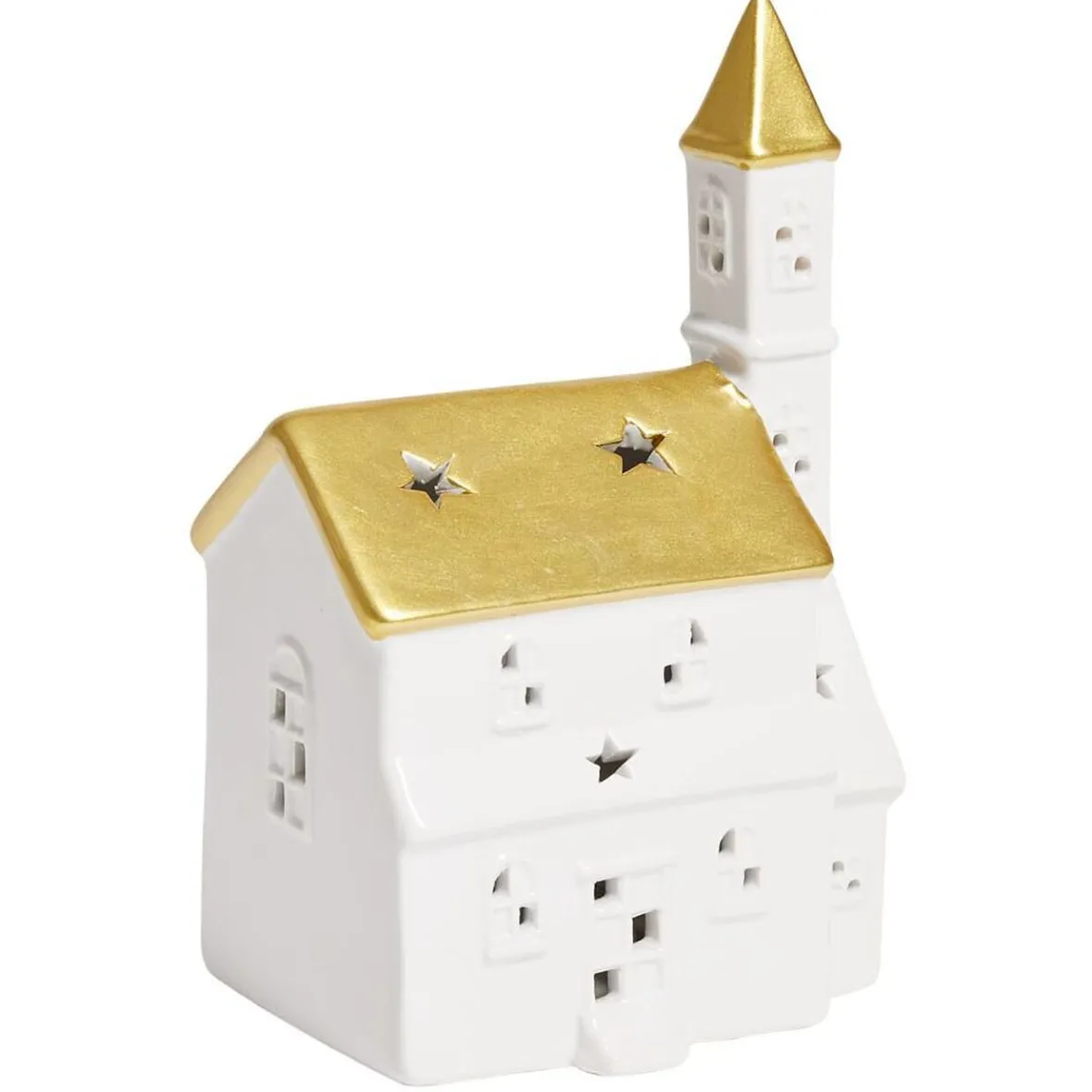 Église lumineuse déco Noël 1LED céramique blanc et doré H19cm-Gifi Hot