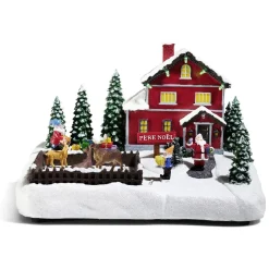 Maison du Père Noël lumineuse avec lutin et renne 13 LED en résine-Gifi