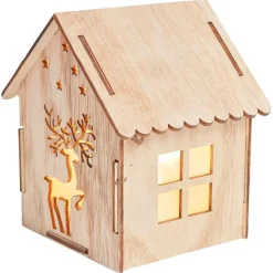Maison lumineuse Noël en bois motif cerf 5LED blanc chaud H10,5cm-Gifi Discount