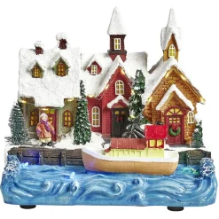 Port lumineux avec bâteau fleuve et habitations Village de Noël-Gifi Discount