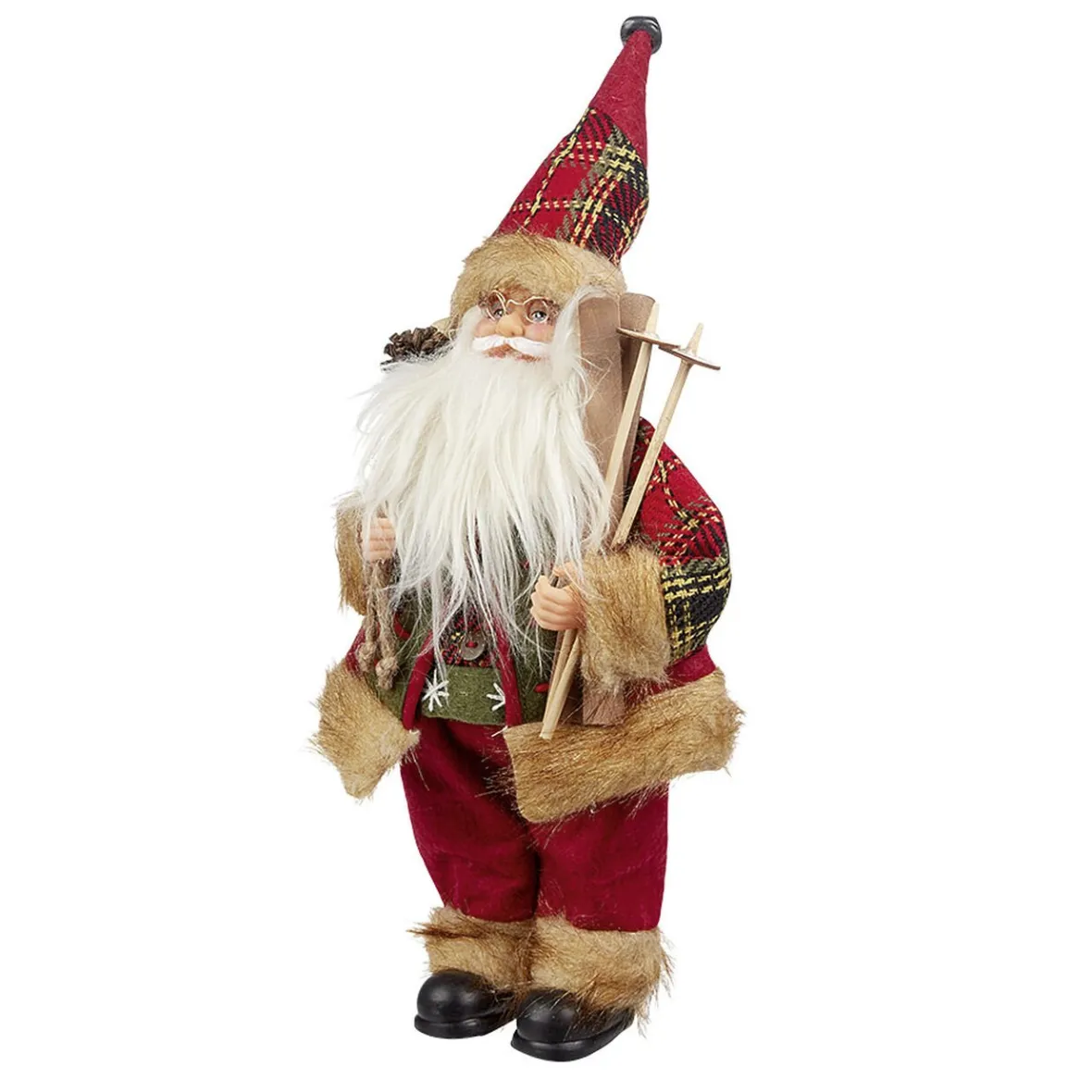 Père Noël à poser avec ski bâton et hotte rouge et blanc-Gifi Discount