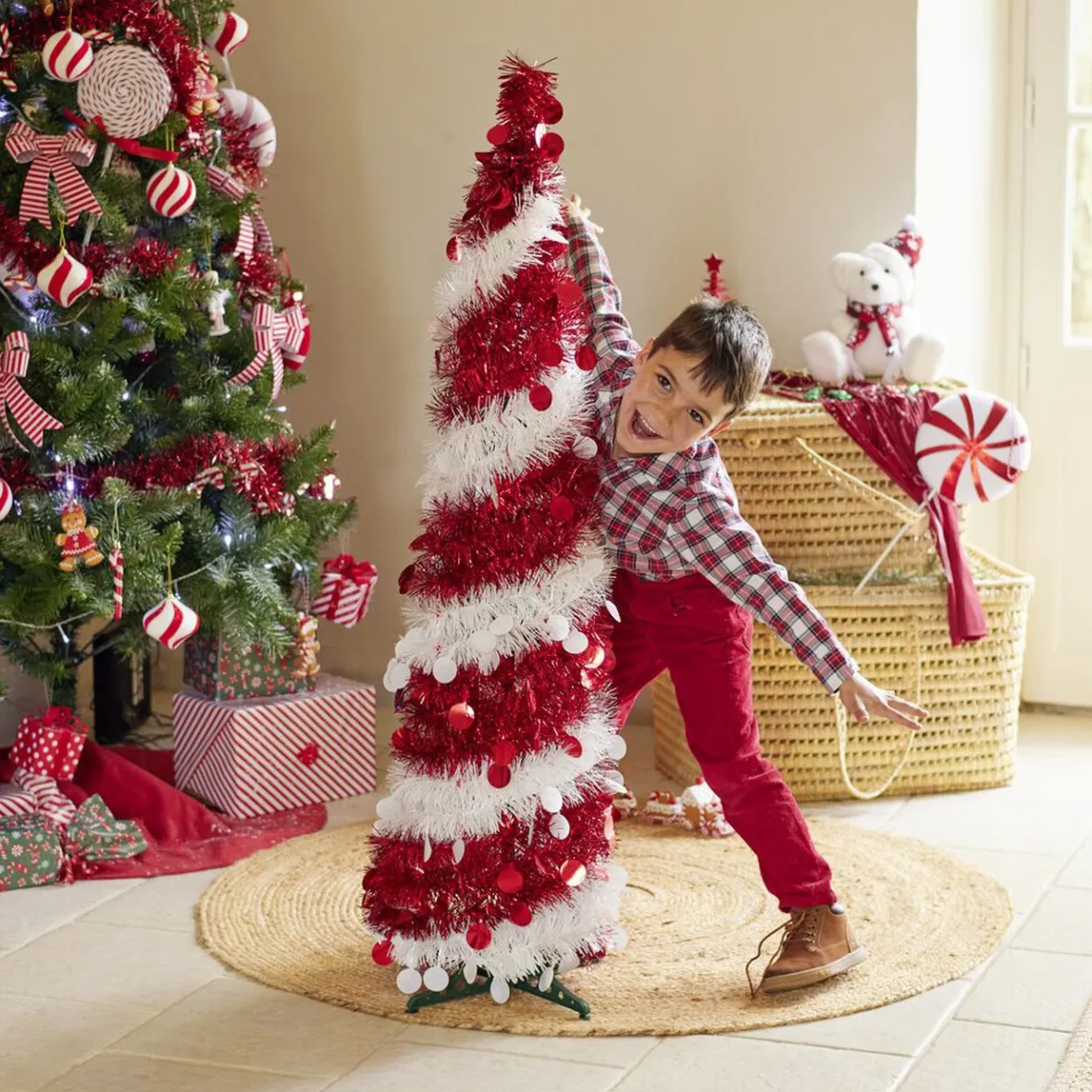 Sapin de Noël artificiel POP UP rouge et blanc Ø30xH120cm-Gifi Outlet