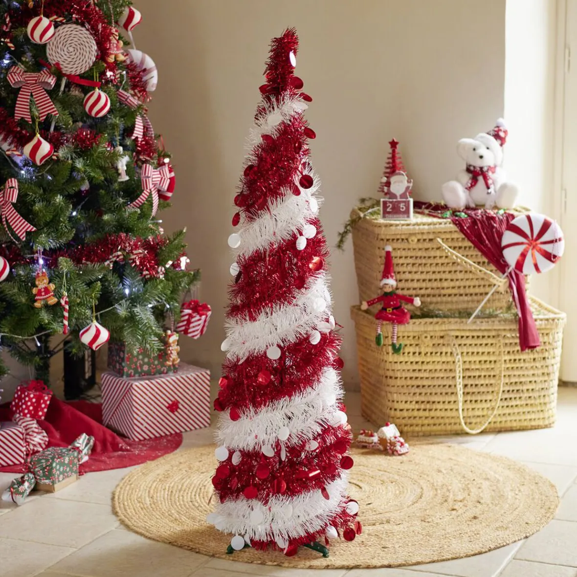 Sapin de Noël artificiel POP UP rouge et blanc Ø30xH120cm-Gifi Outlet