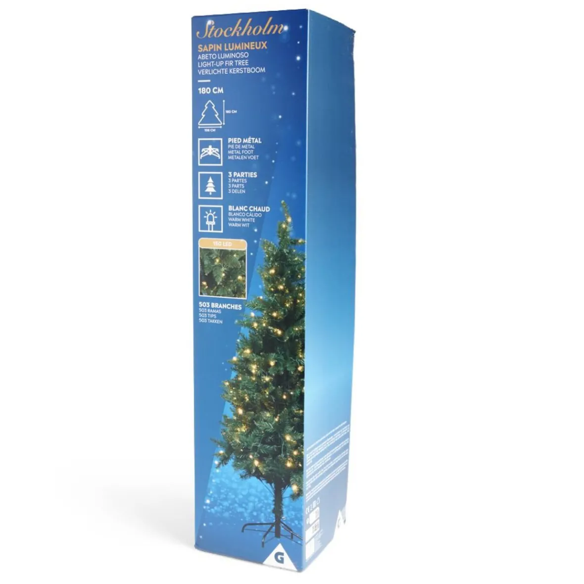 Sapin de Noël lumineux 503 branches 150LED blanc chaud Ø106xH180cm-Gifi