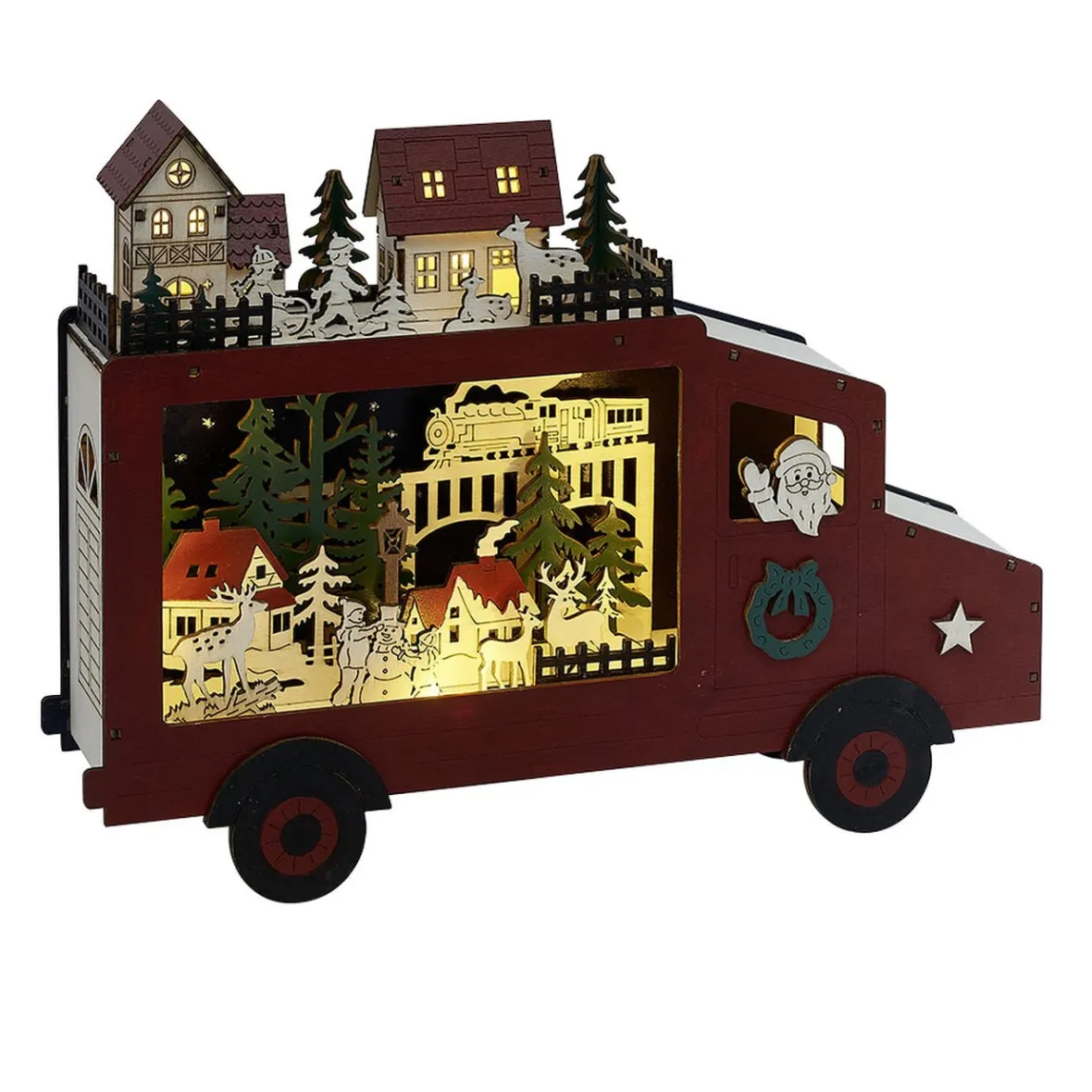 Scène lumineuse Bus de Noël en bois 24LED blanc chaud 32x7,2xH24cm-Gifi Hot