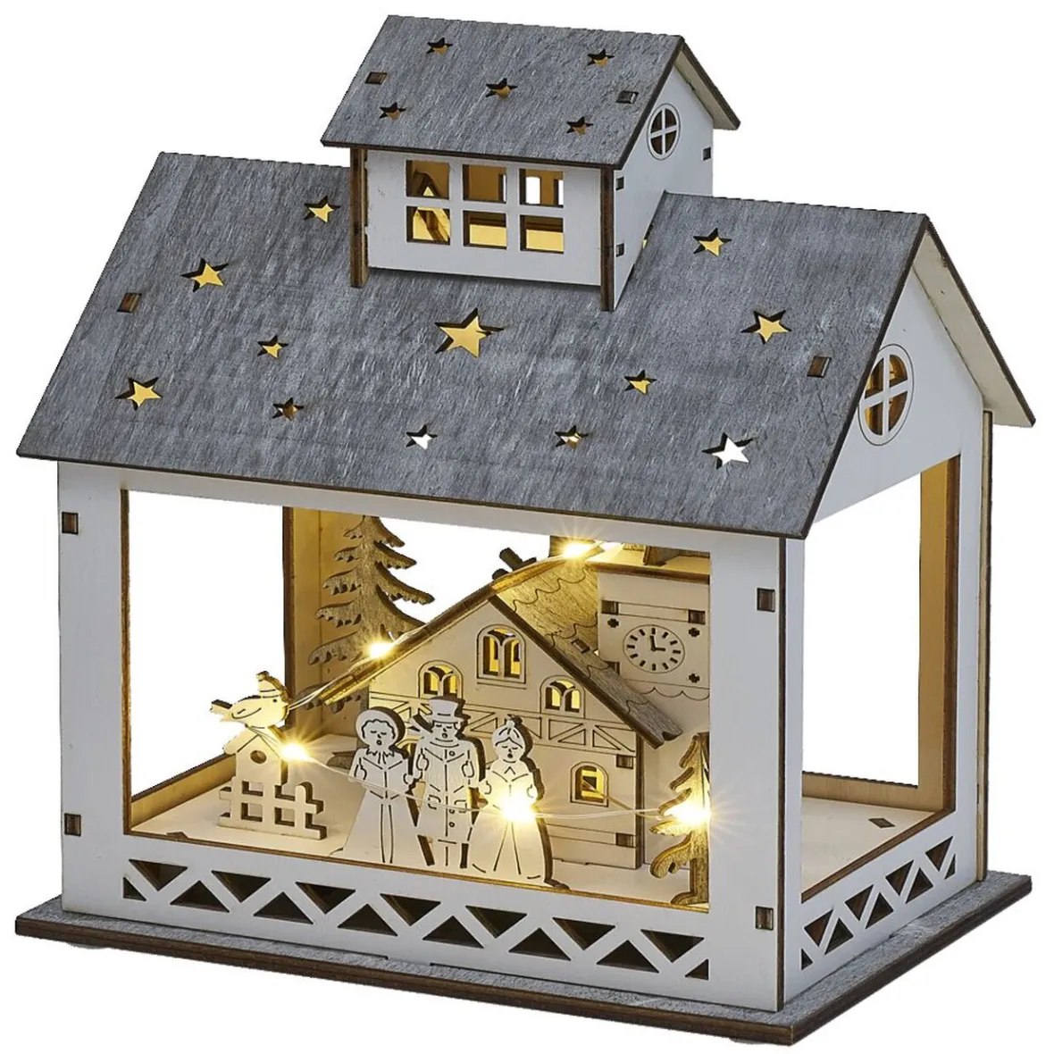 Scène lumineuse maison de Noël en bois 8LED blanc chaud 16,5x12xH24,5cm-Gifi Clearance