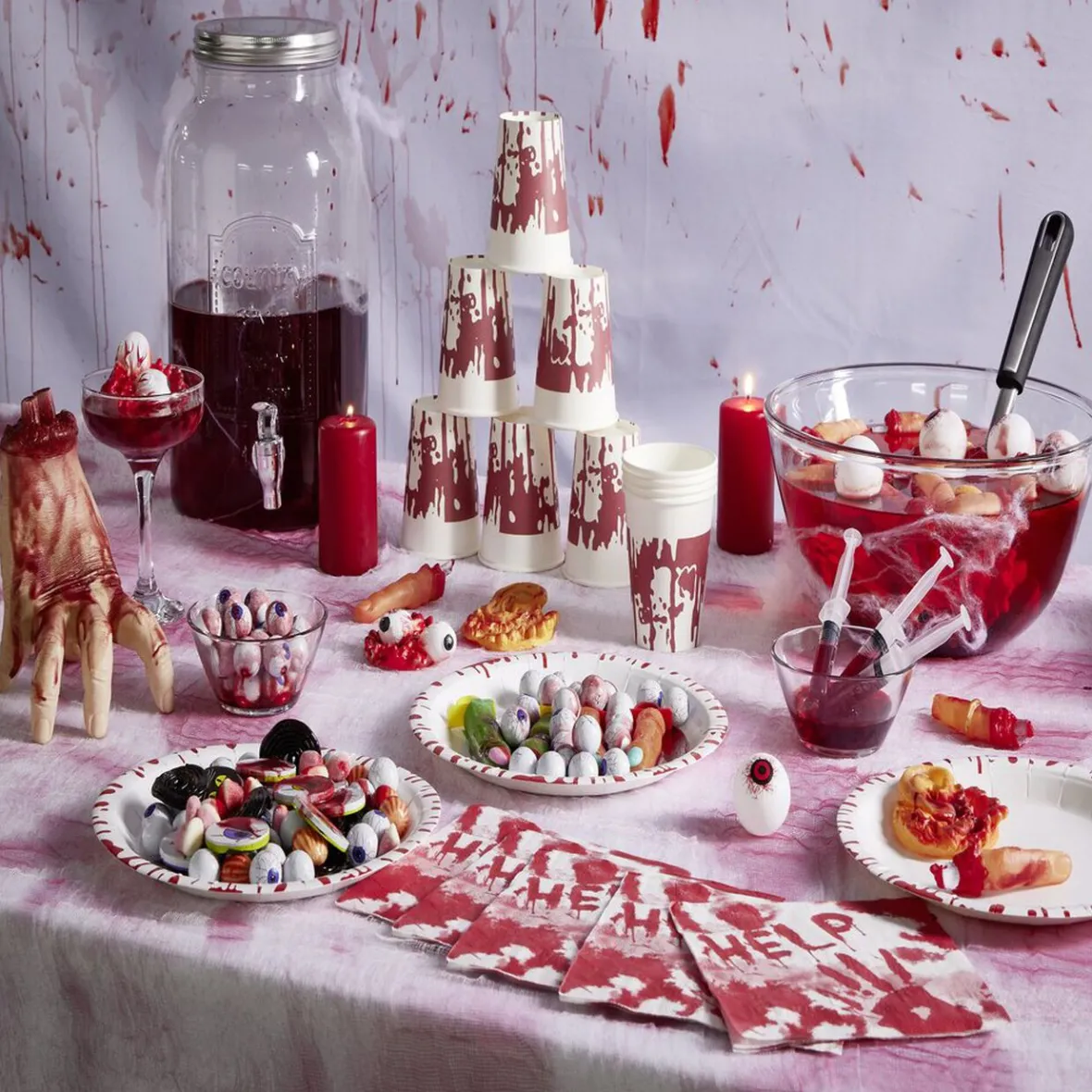 Serviette de table Halloween main ensanglantée HELP rouge et blanche x20-Gifi Outlet