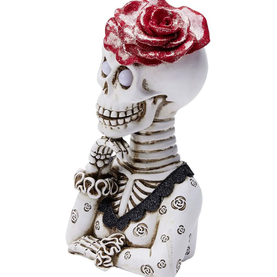 Squelette lady Halloween LED polyrésine noir et blanc avec rose rouge-Gifi Online