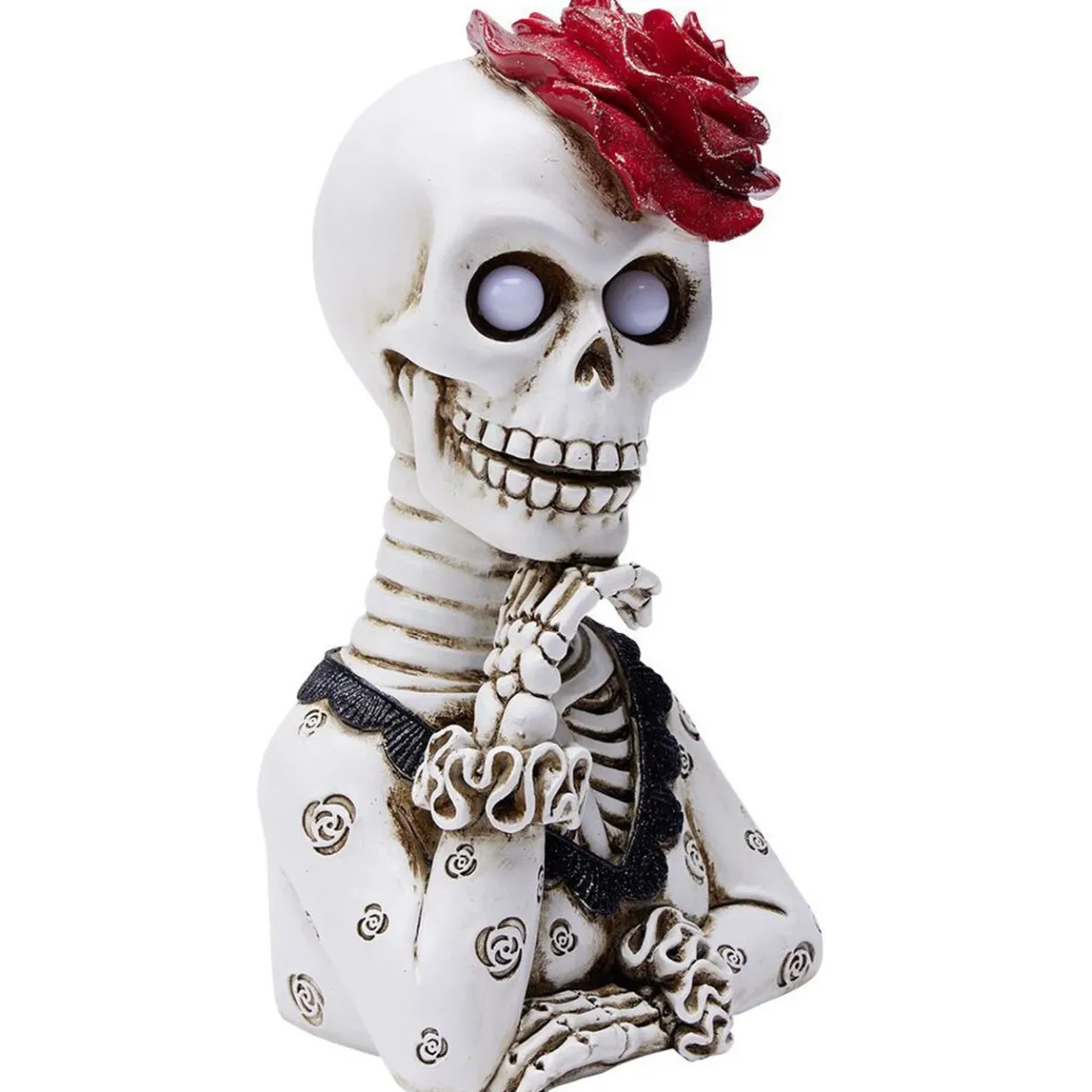 Squelette lady Halloween LED polyrésine noir et blanc avec rose rouge-Gifi Online