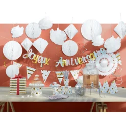 Suspension 2 boules en papier blanc et son pompon-Gifi Online