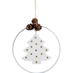 Suspension cercle métal blanc avec mobile bois et pommes de pin Ø10cm-Gifi Hot
