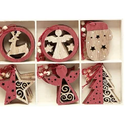 Suspension de Noël en bois Ange Étoile Renne Sapin naturel rouge x24-Gifi Outlet