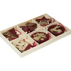 Suspension de Noël en bois naturel rouge ange étoile renne sapin x24-Gifi Online