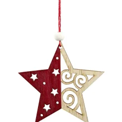 Suspension de Noël en bois naturel rouge ange étoile renne sapin x24-Gifi Online