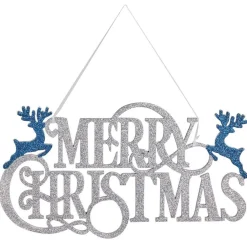 Suspension Merry Christmas en bois pailleté argenté et bleu 25xH14cm-Gifi Sale