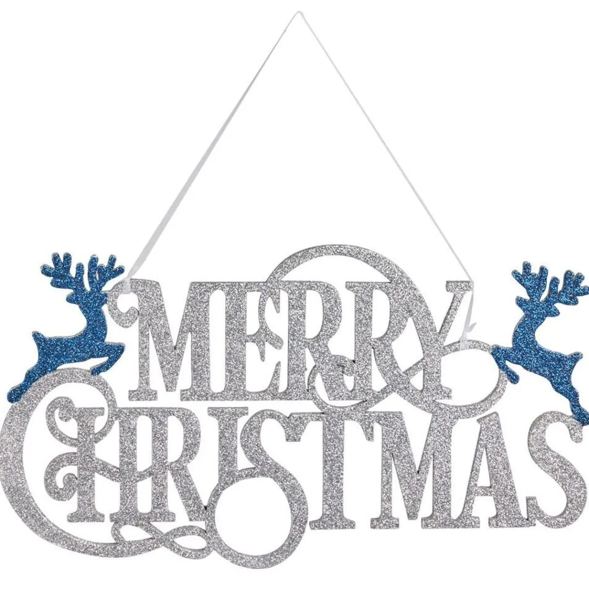Suspension Merry Christmas en bois pailleté argenté et bleu 25xH14cm-Gifi Sale