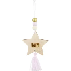 Suspension Étoile de Noël en bois avec pompon et perles H10,5cm-Gifi