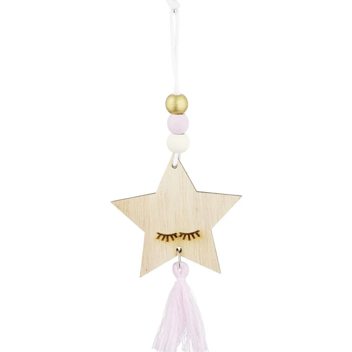 Suspension Étoile de Noël en bois avec pompon et perles H10,5cm-Gifi