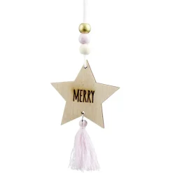 Suspension Étoile de Noël en bois avec pompon et perles H10,5cm-Gifi