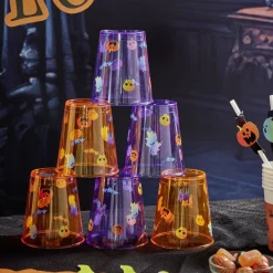 Verre plastique motif Halloween orange et violet Ø7xH13cm x6-Gifi Hot