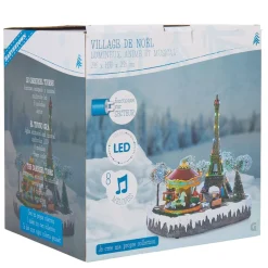 Village animé Noël lumineux musical décoTour Eiffel et carroussel-Gifi New