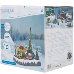 Village animé Noël lumineux musical décoTour Eiffel et carroussel-Gifi New