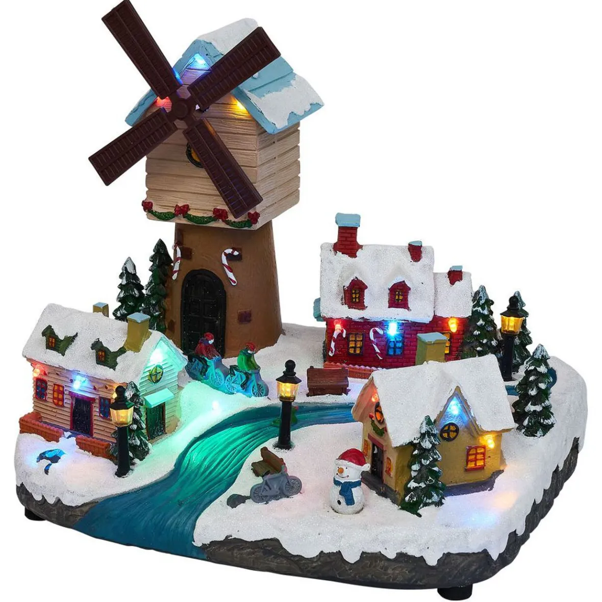 Village de Noël lumineux 18LED avec moulin à vent musical et animé H22cm-Gifi Best